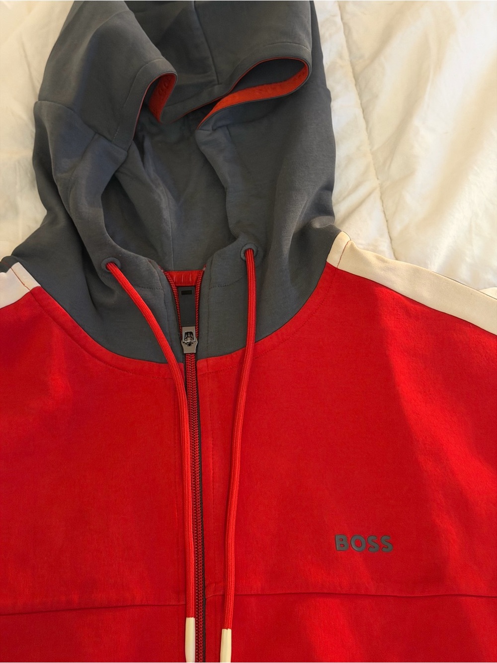 BOSS Red Zip-Up Hoodie with Gray Hood sz L